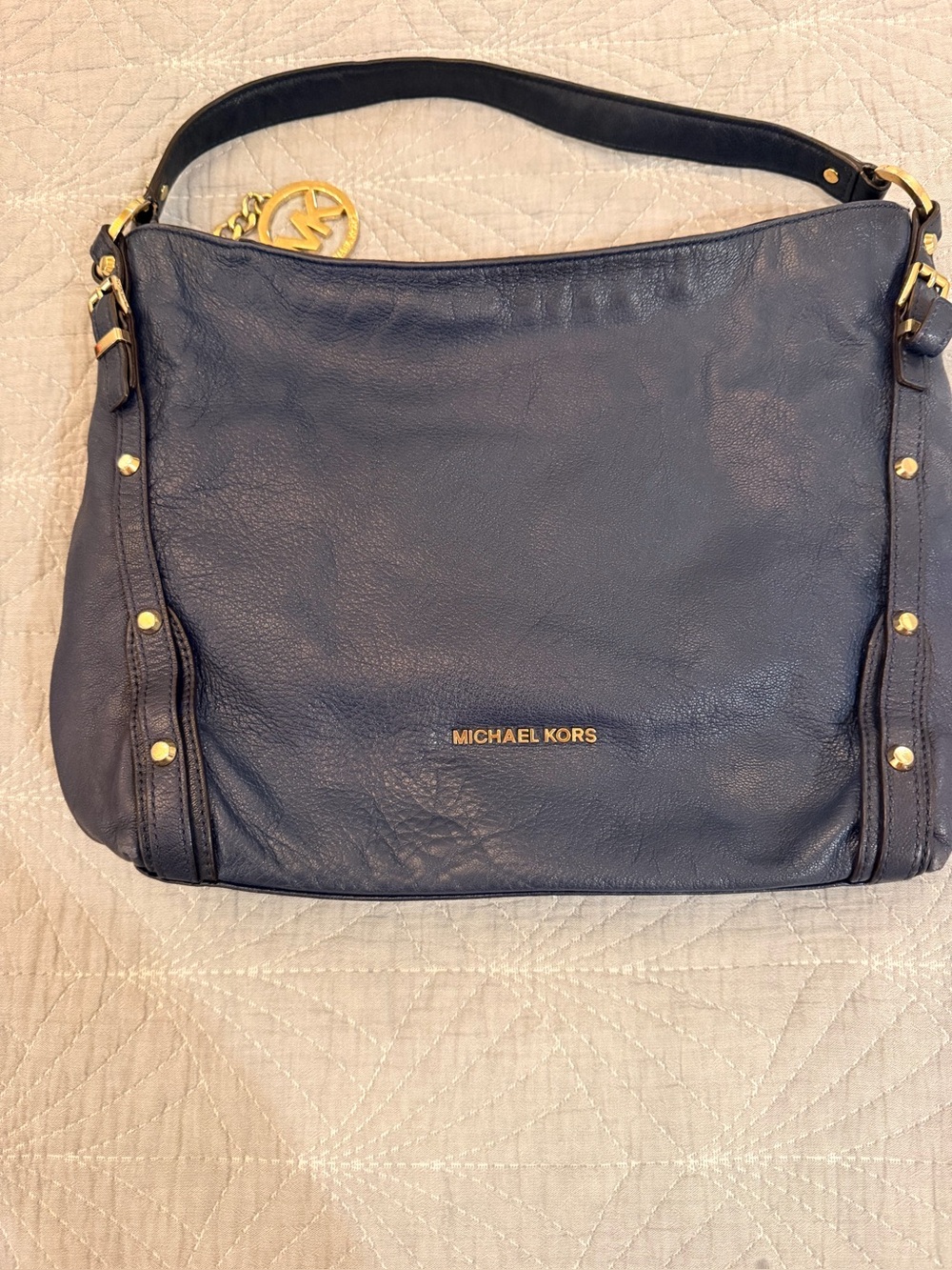 Leather Shoulder Tote Bag - Navy Blue